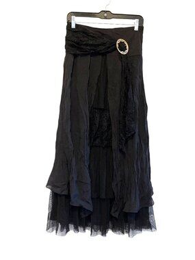 Pretty Angel Black Layered Linen & Lace Tulle Skirt With Elastic Waistband - S